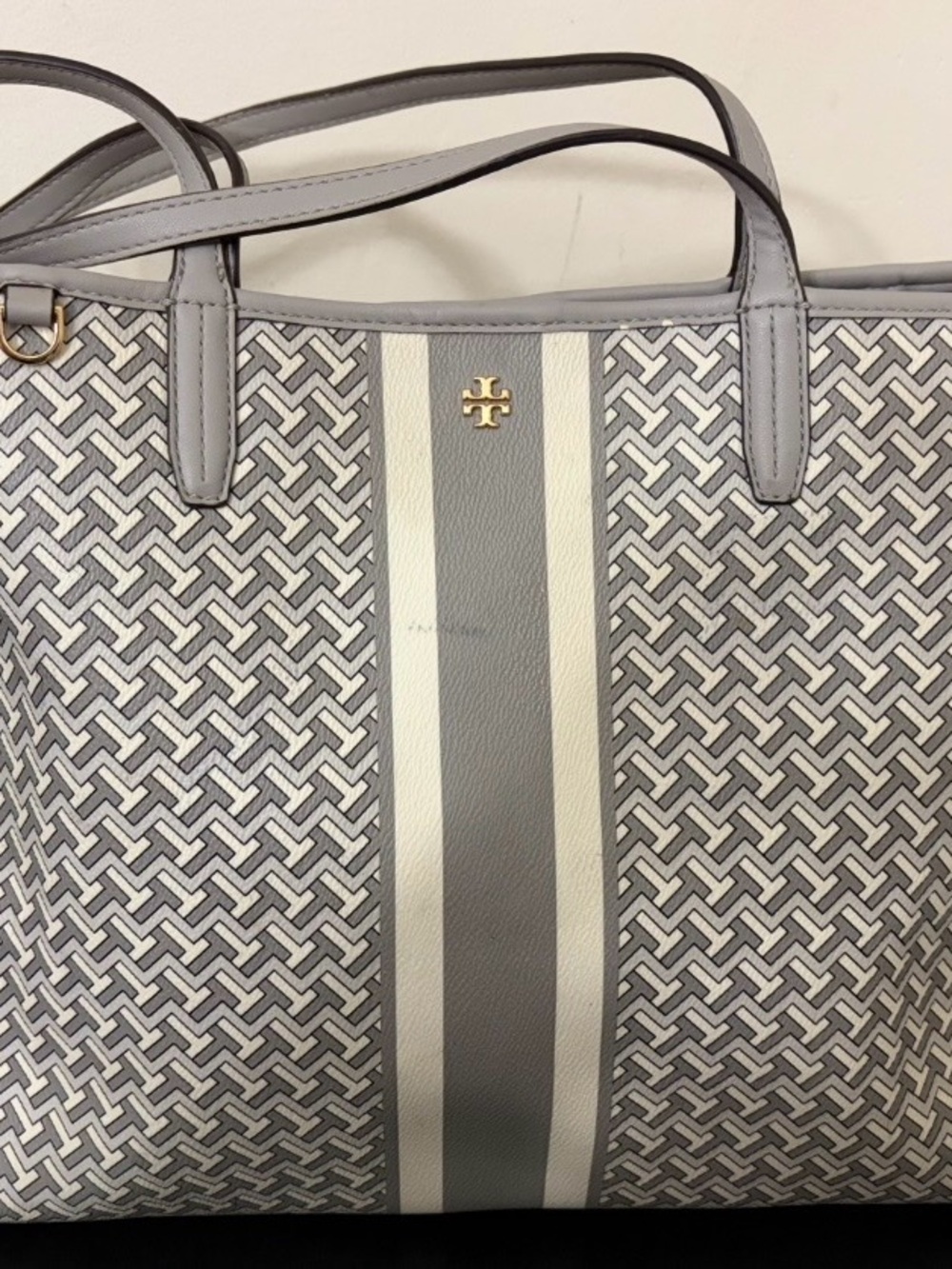 Tory Burch Gray and Cream Center-Stripe Tote